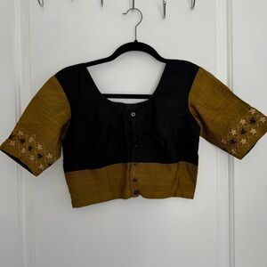 Raw Silk Sari/Saree Choli Blouse Navy Blue and Gold